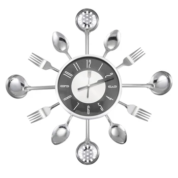 

Decorative Wall Clock Metal Spoon Fork Kitchen Wall Clock Tableware Creative Design Home Decoration,Black