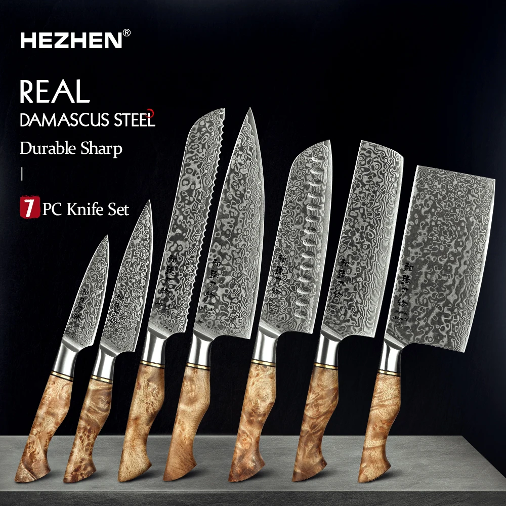 

HEZHEN 7PC Kitchen Knife Set Professional Damascus Steel Chef Bread Paring Santoku Sharp Nakiri Cook Knife Kitchen Knife