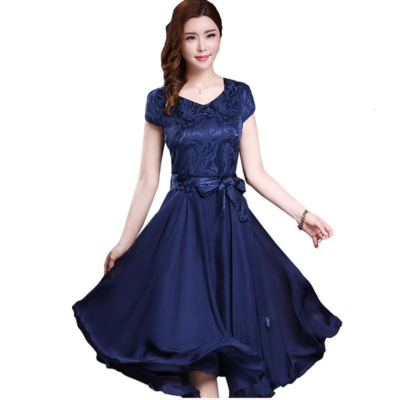 

Summer New Temperament Silk Dresses Plus Size Bow Plus Size Women A-Line Dresses Fashion Elegant Slim Female Chiffon Dresses