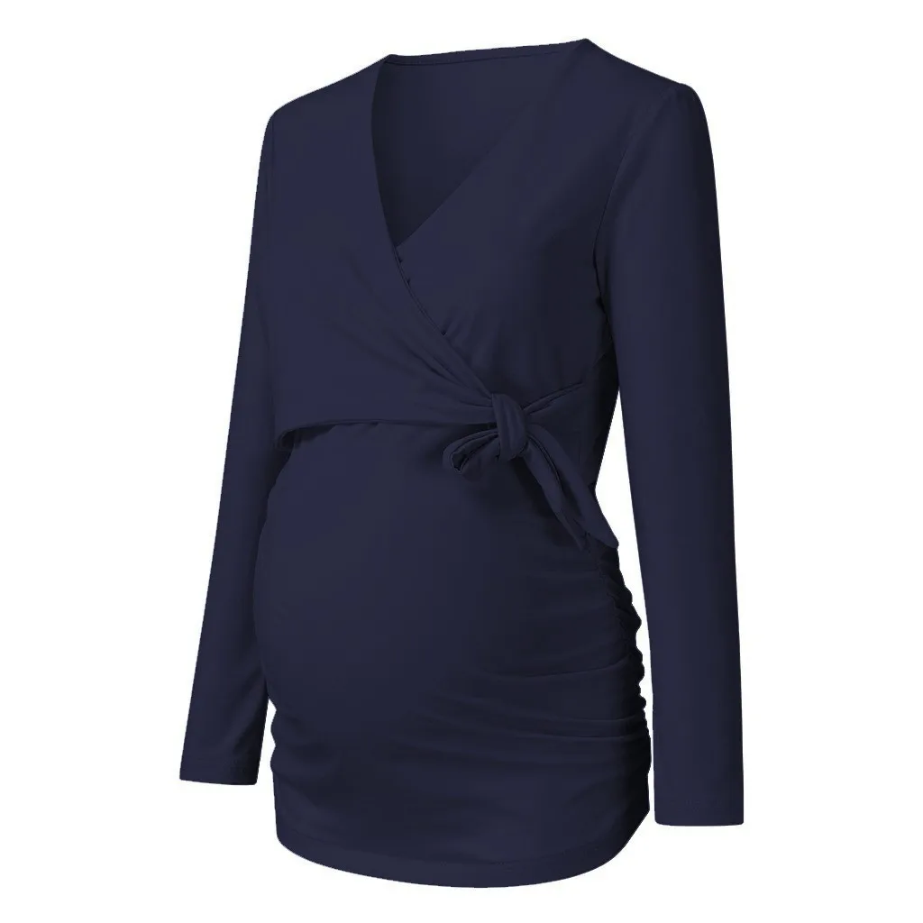 Женская блузка для беременных, рубашки для беременных с длинным рукавом и v-образным вырезом, топы для кормления грудью, Повседневная Блузка для беременных, топы M140