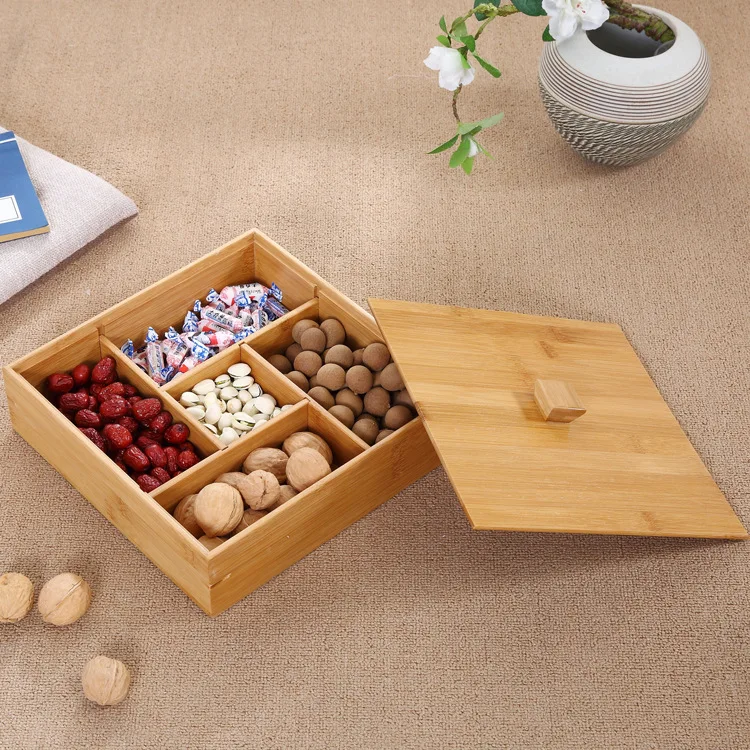 

Bamboo Wood Chinese Nut Dried Fruit Box Wooden Compartment With Lid Candy Box Creative Solid Wood Seeds Snack Box