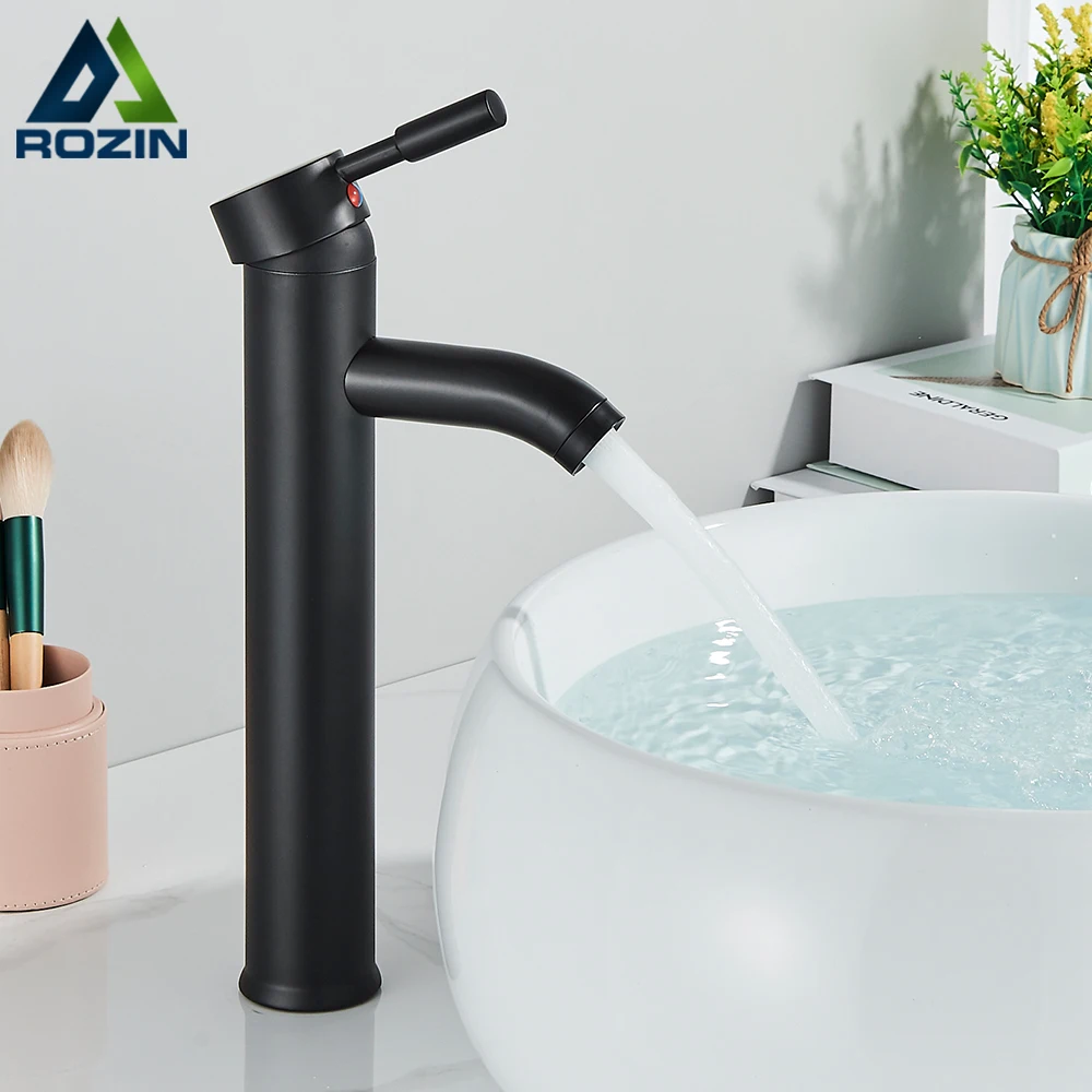 Bathroom Basin Sink Black Single Level Brass Mixer Deck Mounted Faucet Taps 