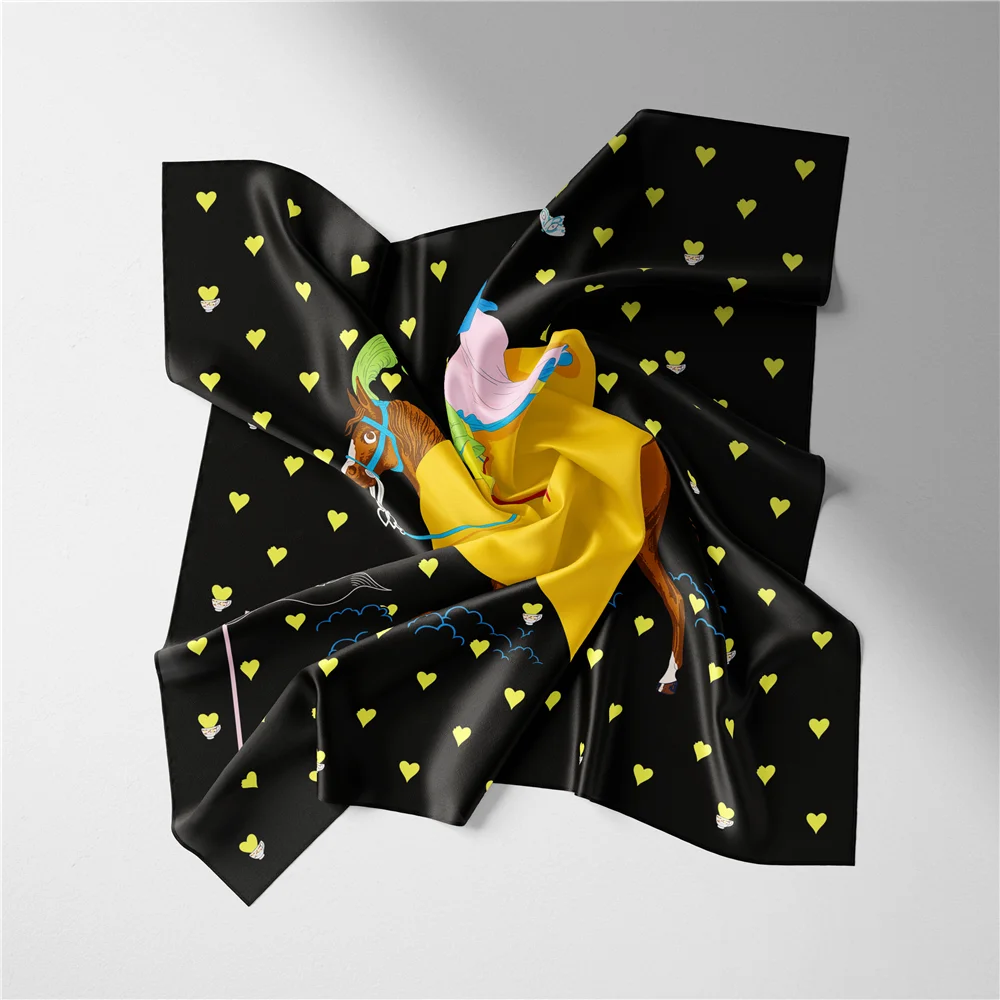 Twill Silk Scarf Woman Lover Heart Painting Square Scarves Wraps Bandana Small Hijab Silk Foulards Tie Headband Neckerchief 53CM 3