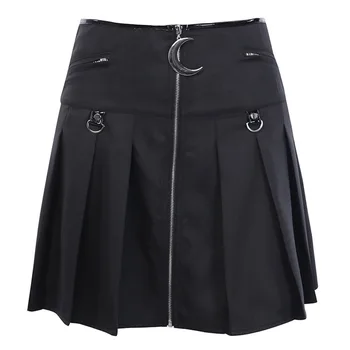 

Women Skirt Black Gothic Punk Locomotive Rock Heavy Metal Pleated Skirt Wind Crescent Punk School Girl Zipper Skirt Gothic