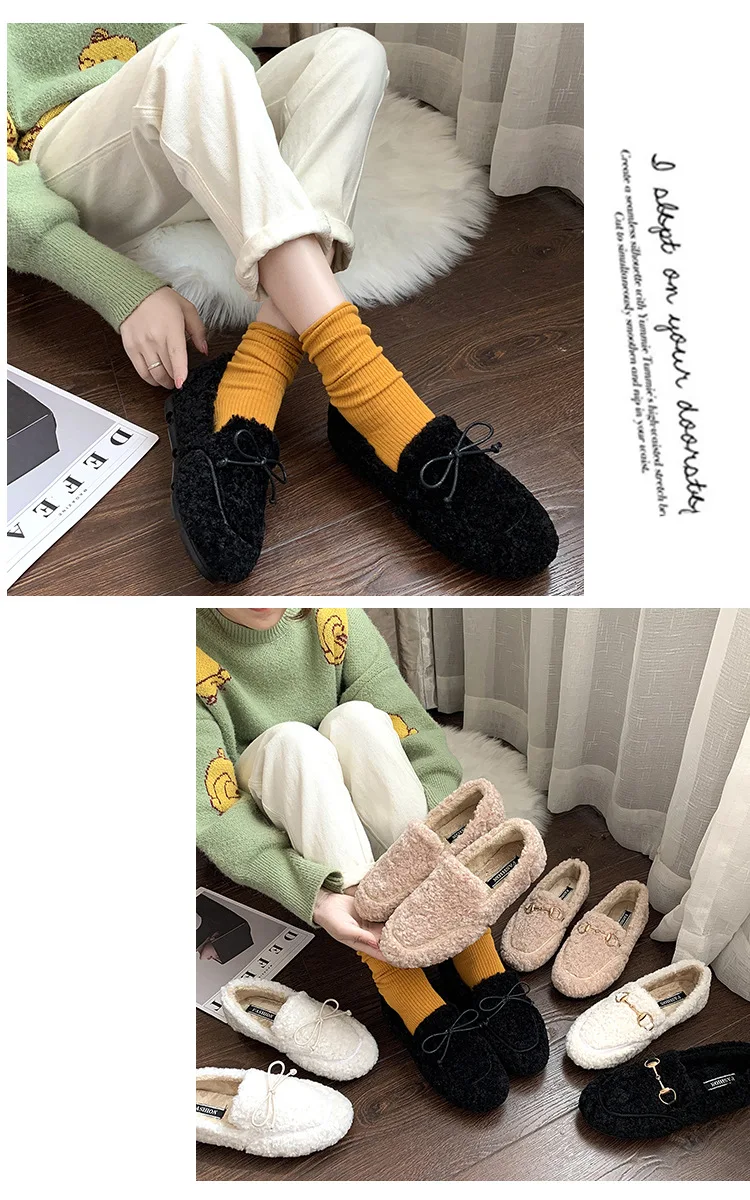 Plush Loafers Ballets Flats Shoes Woman Winter Flock Solid Moccasins Slip-Ons Peas Plush Egg Roll Flats Footwear