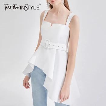 

TWOTWINSTYLE Elegant Asymmetrical Women Shirts Square Collar Spaghetti Strap High Waist With Sashes Irregular Hem Blouses Female