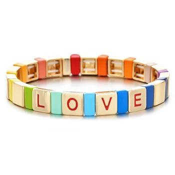 

ZMZY Red Enamel Stretch Tile Bracelets For Women Rainbow Bracelet Letter Love Beads Bohemian Stackable Stretch Bracelet