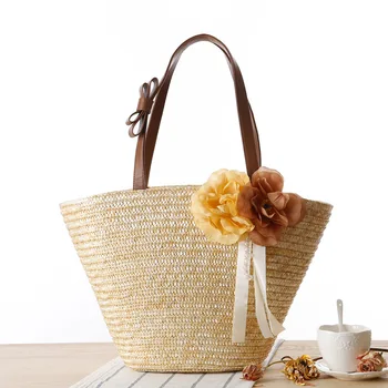 

new pastoral two-flower-straw woven bag solid color one-shoulder hand-woven bag beach bag female bag tote bags for women