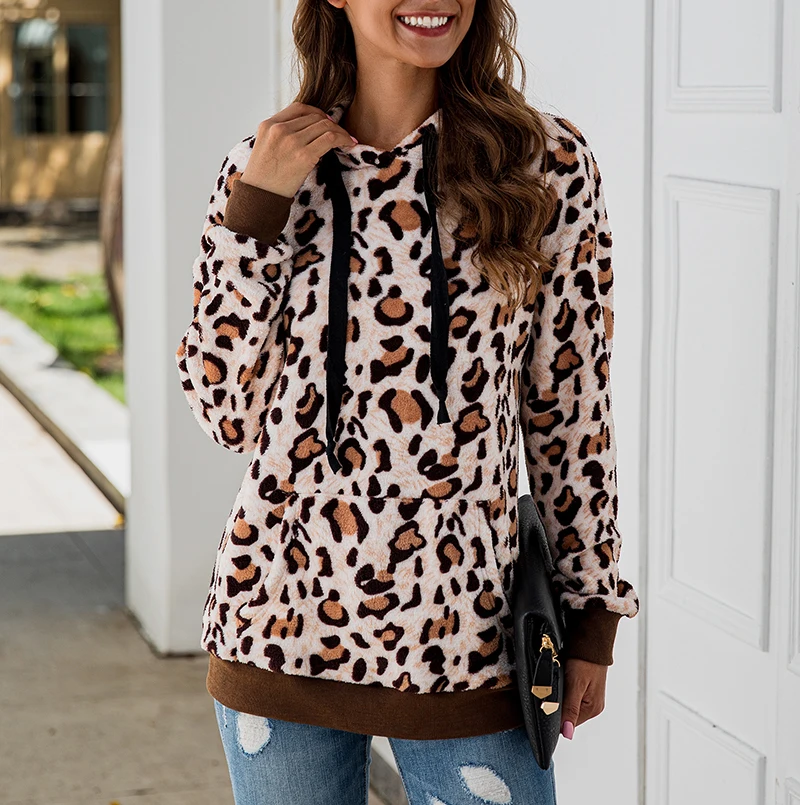 Леопардовые толстовки с капюшоном, повседневный теплый флисовый Женский пуловер, Свитшот размера плюс, женская тонкая толстовка с капюшоном, модная уличная одежда GV131