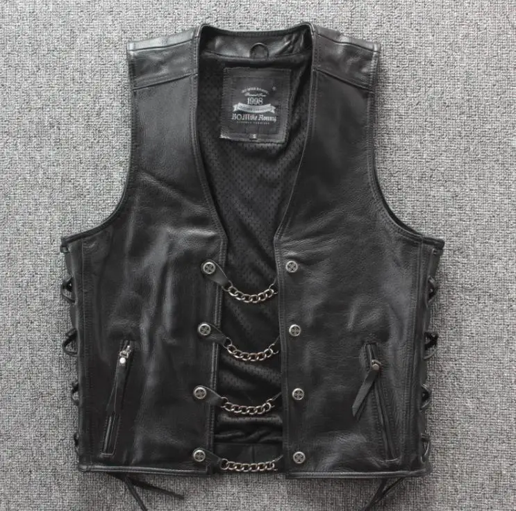 BONJEAN-chalecos de cuero genuino para hombre, chaleco de motociclista cadena de Metal, sin mangas, chaquetas de cuero Real, cordones ajustables AliExpress Ropa de