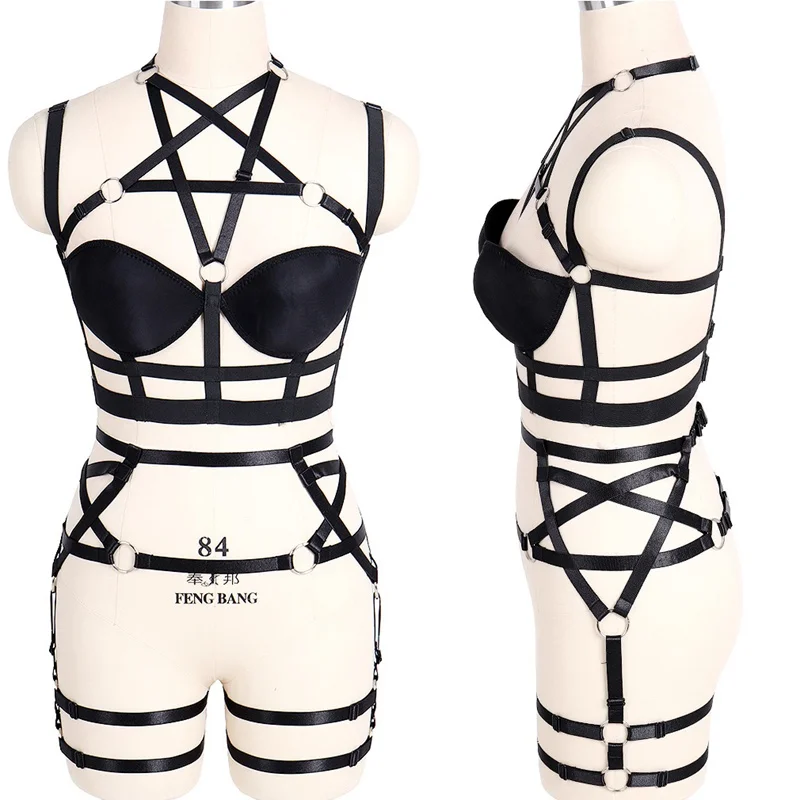 Bra Harness Set Pentagram Tops Caged Garter Belt Waist Suspender Party Dance Punk Strappy Lingerie Hollow Out Plus Size Elastic