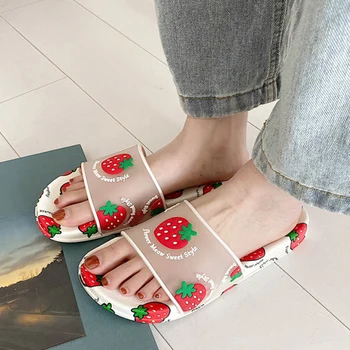 

Women Summer Flat Cartoon Transparent Soft Slippers Woman Fruit Pattern Open Toe Comfort Slippers Female Casula Fashion Shoes