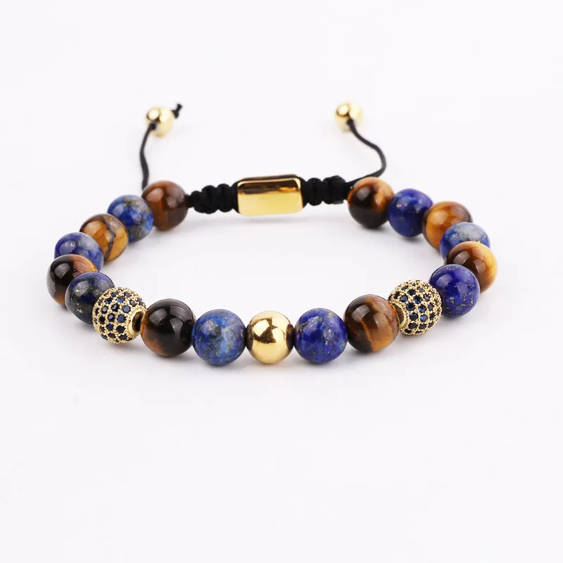 High Quality Men Jewelry Gold Bangle Bracelet Stainless Steel Blue Roman Tiger Eye Stone CZ Ball Macrame Bracelet Bangle Men - Image 4