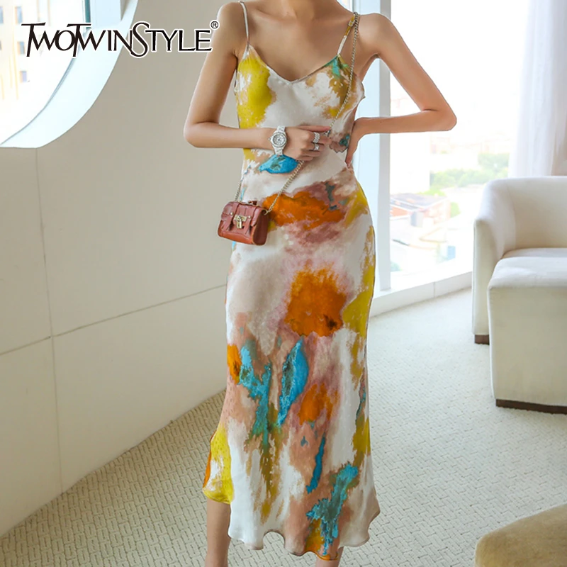 TWOTWINSTYLE Print Vintage Dress For Women Square Collar Spaghetti Strap High Waist Slim Dresses Female 2020 Autumn Fashion New TWOTWINSTYLE Print Vintage Dress For Women Square Collar Spaghetti Strap High Waist Slim Dresses Female 2020 Autumn Fashion New