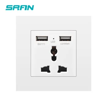 

SRAN 3 hole universal socket with USB output interface 5V 2.1A wall power 10A Flame retardant PC panel socket 86*86mm