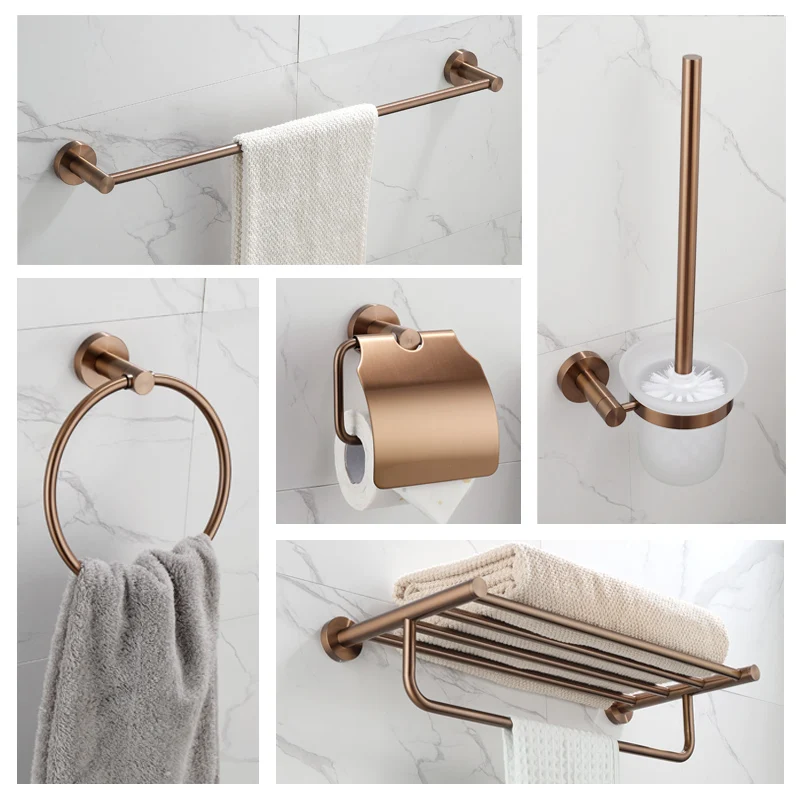 Nordic Brushed Rose Gold Towel Rack Bathroom Hardware Accessories Paper Holder Toilet Brush Glass Cup Bathroom Corner Shelf