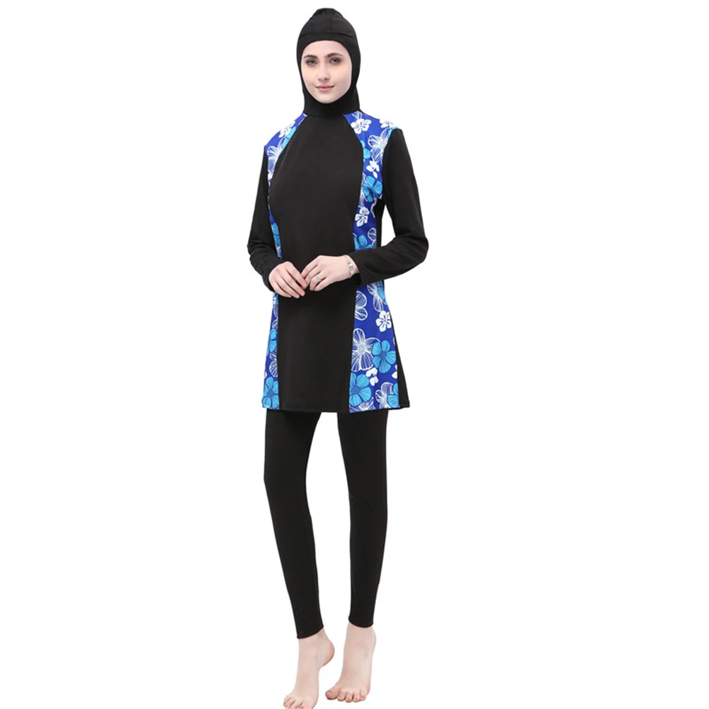 Мусульманский купальник размера плюс ислам ic купальник женский анфас купальный костюм с хиджабом горящий ислам купальник с цветами одежда Буркини - Цвет: Синий