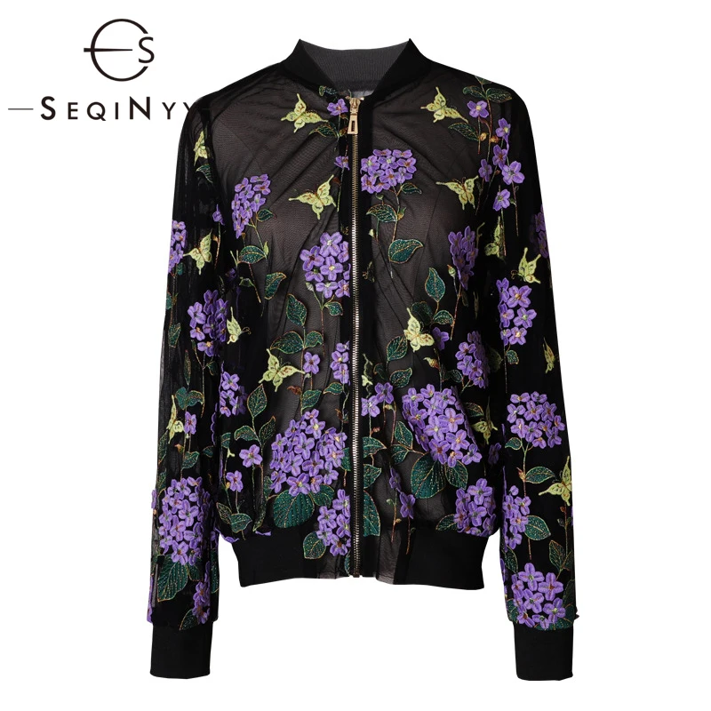 

SEQINYY Baseball Jacket 2020 Summer Spring New Fashion Design Women Colorful Hydrangea Embroidery High Quality Mesh Short Top