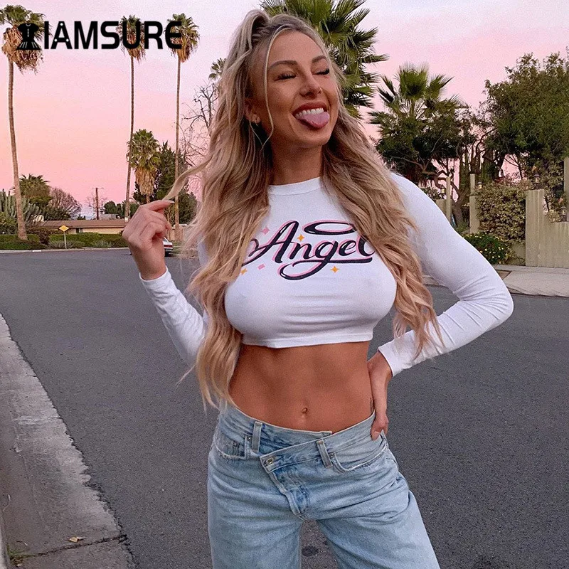 

IAMSURE 2020 Autumn Letter Print Casual O Neck Basic T-Shirt For Women Korean Streetwear Long Sleeve Female Slim Crop Tops Shirt