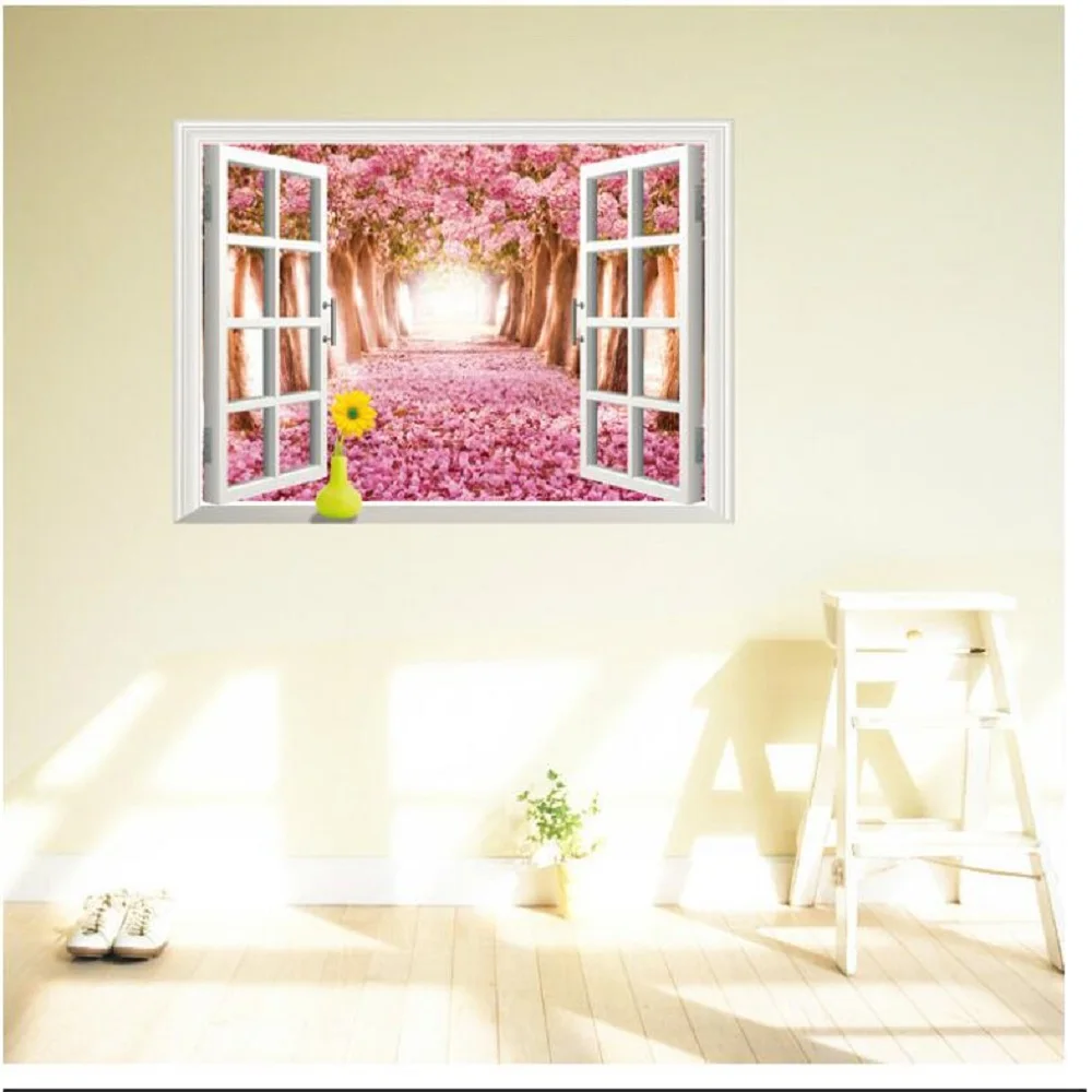 

Warm Romantic Flowering Cherry 3D False Window Scenery DIY Wall Sticker Living Room Wedding Room Decor Mural Decal AY9234D