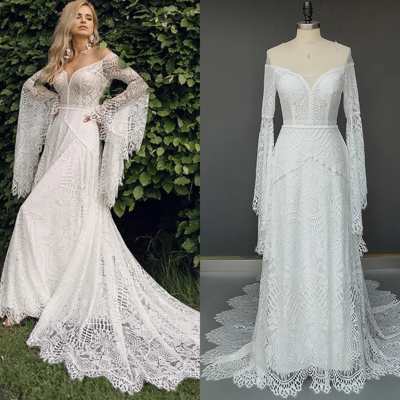 

8258 # сексуальное богемное кружевное пляжное платье с открытыми плечами и V-образным вырезом, расширяющимся книзу рукавом и шлейфом в стиле бохо, свадебное платье с открытой спиной