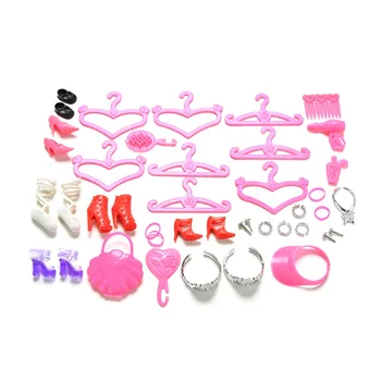 

45 Pcs/Set For Barbie Dolls Jewelry Necklace Earring Clothes Hanger Mirror Comb Crown Bag Shoes