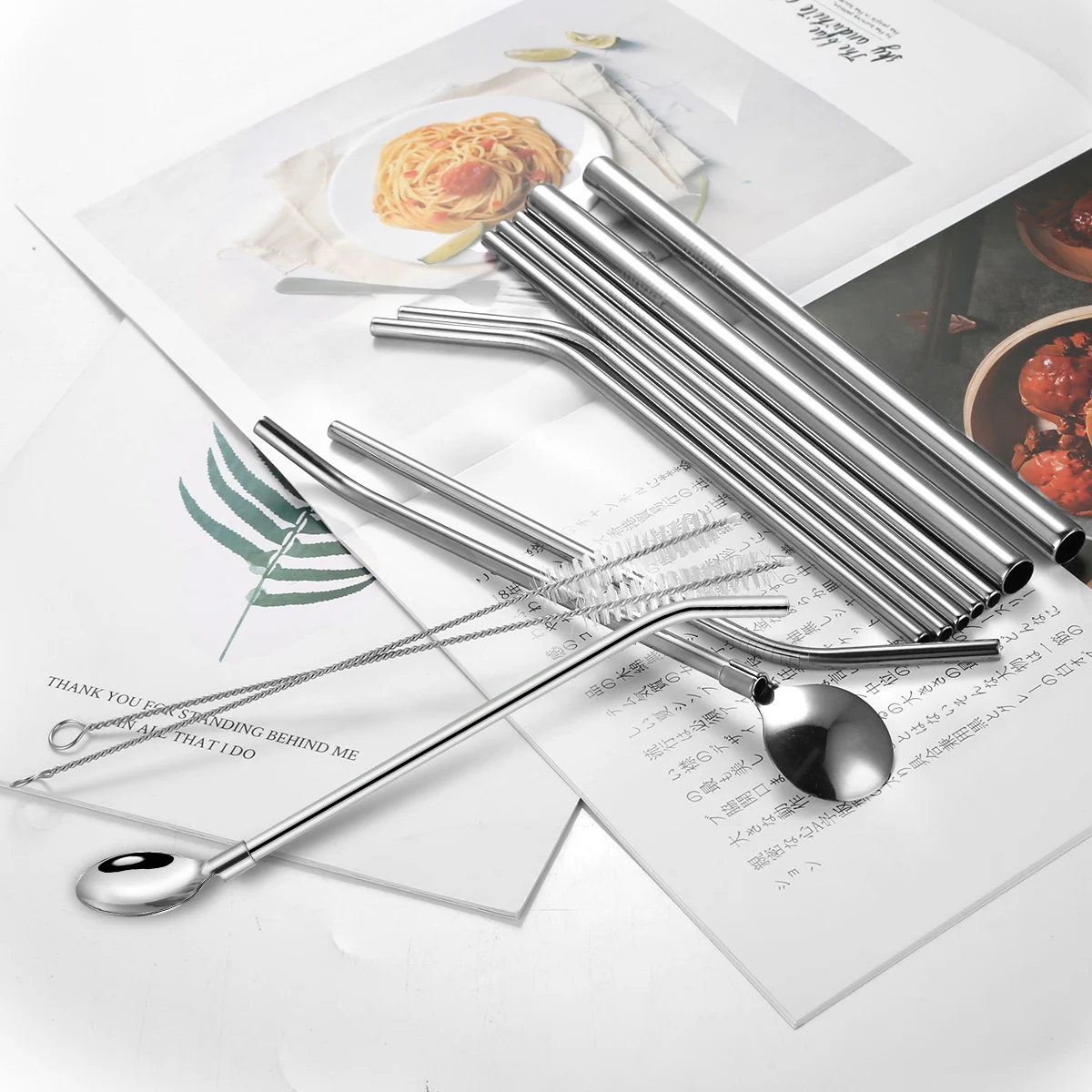 12pcs Reusable Stainless Steel Drinking Straws Set Curved Straight Straws Drink Spoons Brushes With Pouch Stainless Steel Straw