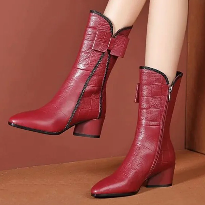 Women Boots Pointed Toe Women Mid Calf Boots Side Zipper Boots For Women Bow Knot Design Ladies Shoes High Heels Female Footwear|Mid-Calf Boots| - AliExpress