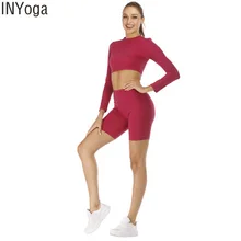 Сексуальный женский комплект для йоги, 2 шт, Одноцветный короткий топ с длинным рукавом, футболка, Стрейчевые шорты, леггинсы, для спортзала, фитнеса, бега, спортивная одежда