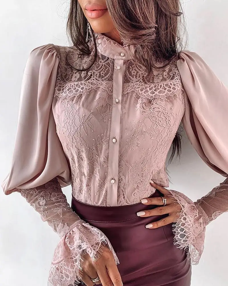  Elegant Lace Patchwork Puff Sleeve Buttoned Blouse Long Sleeve Autumn Winter Shirt