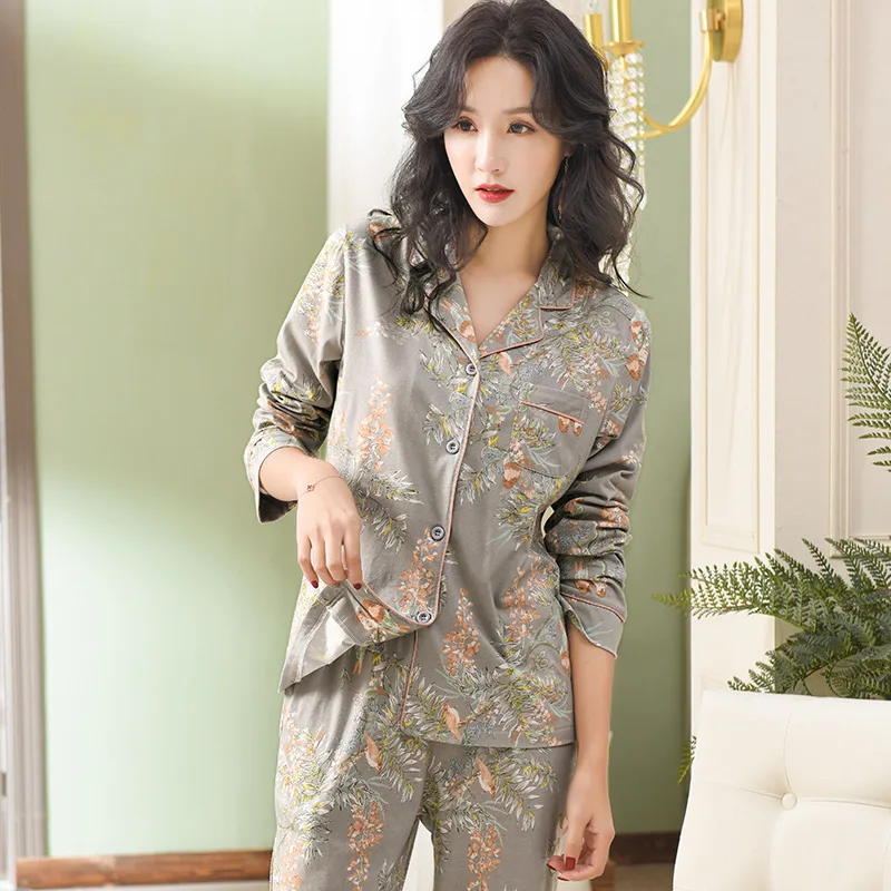 

Pajamas Women Long-Sleeved Cotton Thin Autumn Winter Cotton Leisure Tops Plus-sized Loose Home Suit Sleepwear Women Pijama