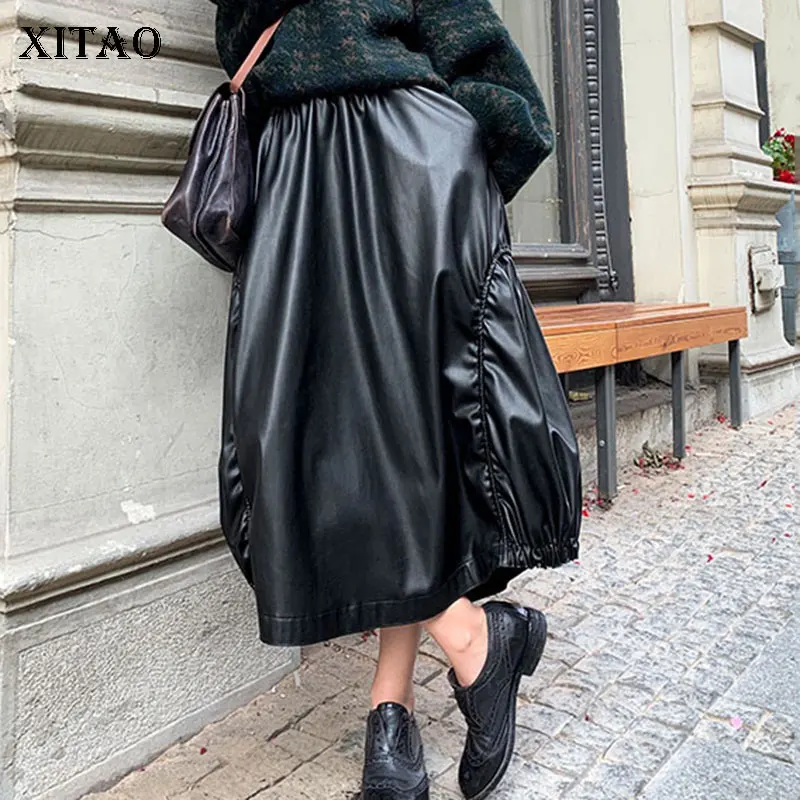 black DMY1711 XITAO, плиссированная, размера плюс, свободная юбка, женская мода, новинка, зимняя, эластичная талия, повседневная, искусственная кожа, нестандартная, Ретро стиль, повседневная юбка DMY1711 - Цвет: black DMY1711