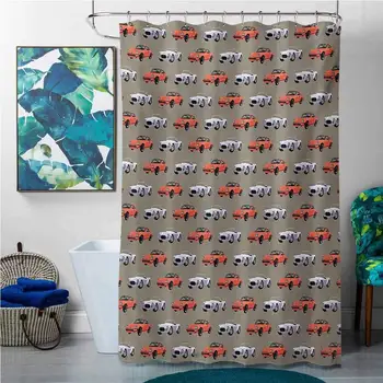 

Shower Curtains hookless with Liner Cars,Retro Fast Sports Cars in White and Orange Vintage Vehicle Design Speed Driving