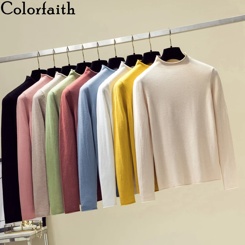 Colorfaith New 2022 Autumn Winter Women Sweaters Knitting Bottoming Turtleneck Tops Korean Style Solid Slim Ladies Female SW715