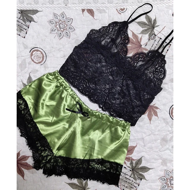 Women pajamas Lace Sexy Lingerie Sleepwear Nightdress Tops Shorts Set Women's Home Dresses Babydoll Yoga Underwear Nightgown Light green