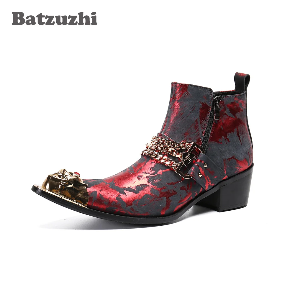 Batzuzhi Punk Men's Boots Golden Pointed Metal Tip Formal Leather Ankle Boots Men Wine Red Party and Wedding Motorcycle Boot Men