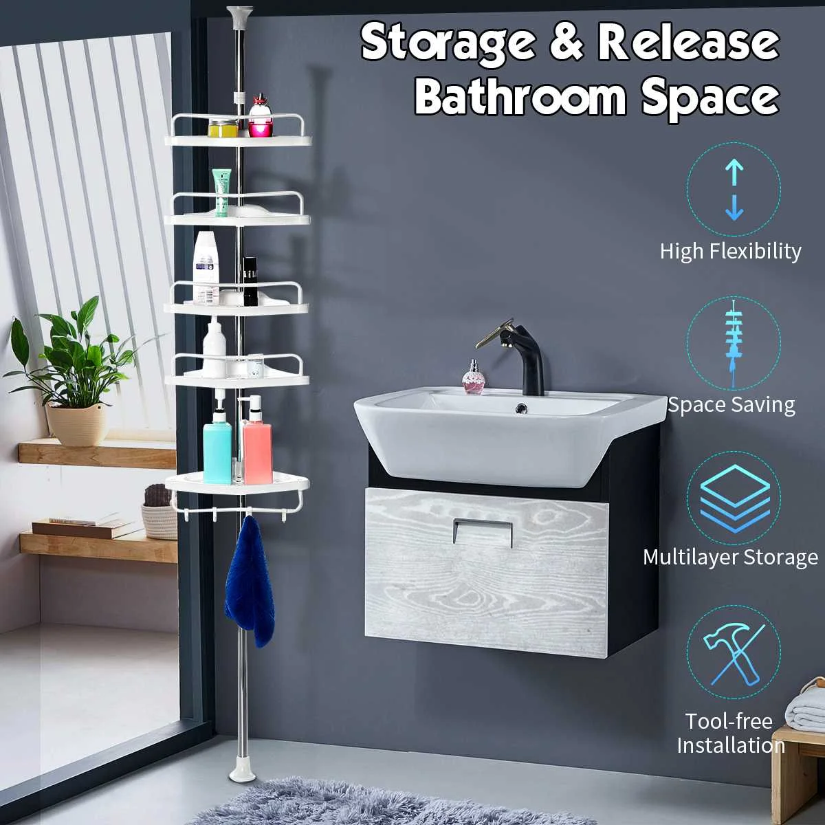

5 Tray Bathroom Wall Corner Rack Holder Suction Cups Storage Shelf Organizer Telescopic Adjustable Rack Bathroom Hardware