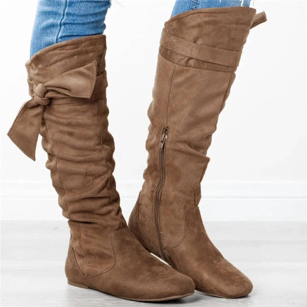 

Beautiful Knotted Boots Women Ladies Round Toe Solid Color Low Heel Knee-high Long Boots Winter Shoes Women Chaussures Femme