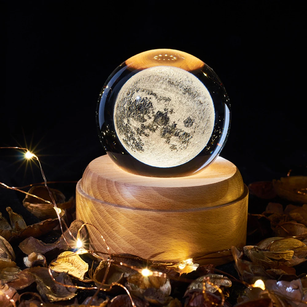 USB lamp Music Night Light Rotary Crystal Music Box with LED Projection Light Wooden Base Universe Moon Galaxy Earth Patterns