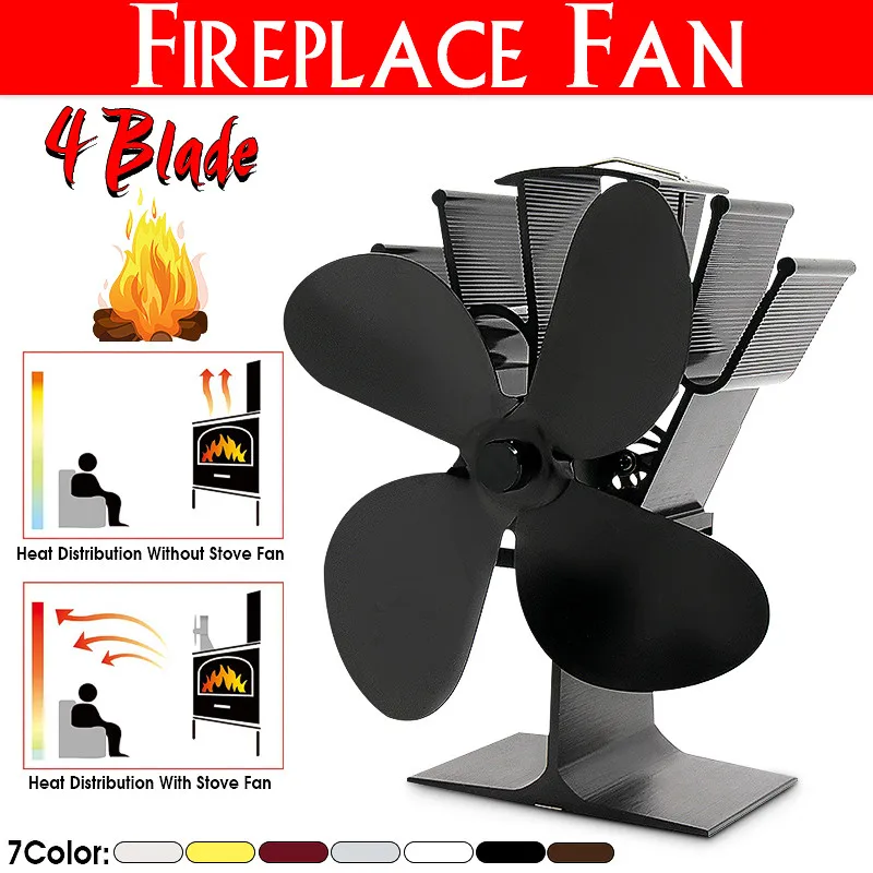 4 Blades Heat Powered Stove Fan Log Wood Burner Ecofan Quiet Black Home Fireplace Fan Efficient Heat Distribution