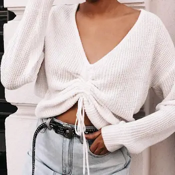 

2019 Sexy Drawstring V Neck Sweater Women Ruched Knitted Pullover Women Sweaters Europe Long Sleeve Knit Jumper Top