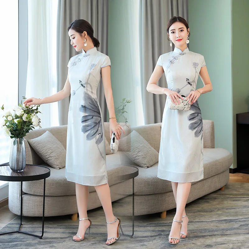 Лето женское Ретро ежедневное улучшение Cheongsam шелковое платье с коротким рукавом стоячий воротник Qipao платья