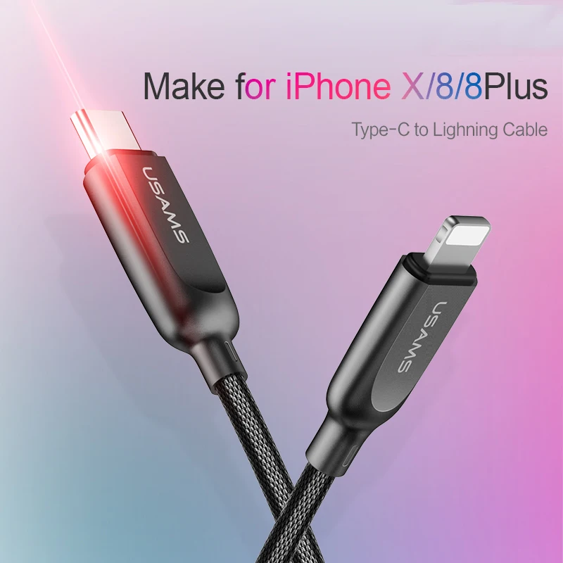 USAMS USB 18 Вт type C для освещения PD кабель для быстрой зарядки для iPhone X 8 7 6 type-C до 8-контактный кабель для синхронизации USB для iOS 8 9 10 11 шнур