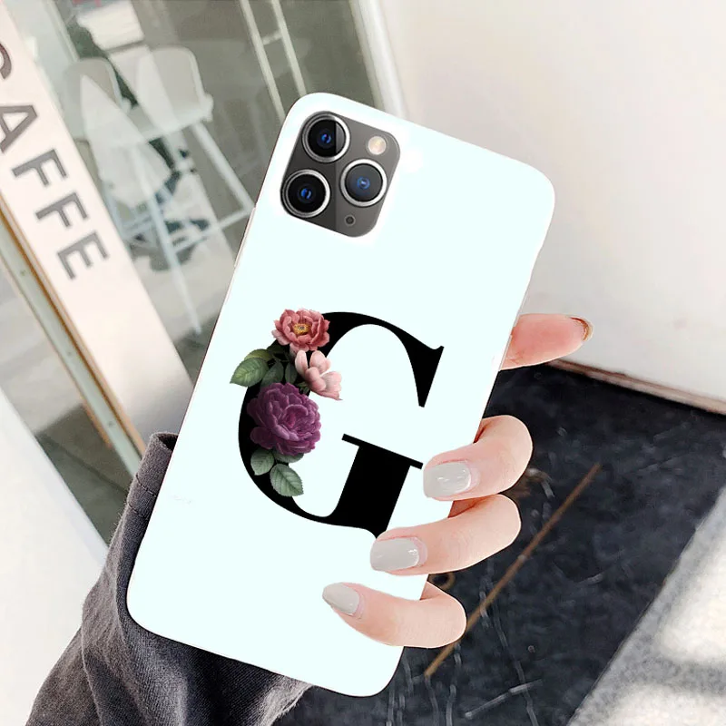 TPU Белый мягкий чехол из ТПУ с надписью Monogram A J K Q Алфавит цветы для iPhone 11 11PRO MAX X 6S Plus 7 Plus XR MAX цветочный чехол - Цвет: TPU