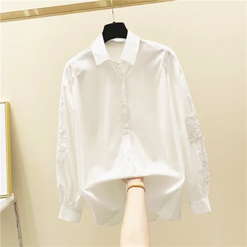 

Korean-Style White Shirt Women 2020 Spring New Three-dimensional Lace Beaded Shirt Women's Loose Lantern Sleeve Blouse Blusa Top