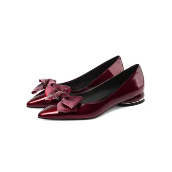

Women Spring Summer low heels Shoes Women Genuine Cow Patent Leather Pointed Toe Butterfly-knot Pumps Dancing Shoes Woman