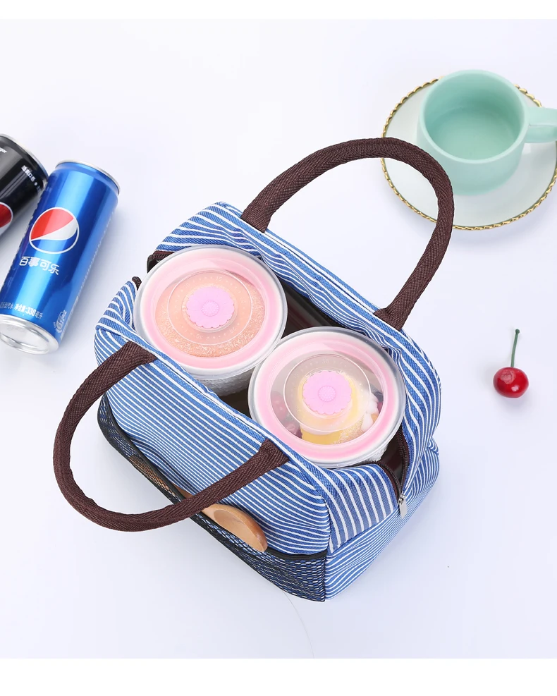 Insulated Bags for Warm Cold Lunch Box Picnic Bags Canvas Striped Lunch Totes Thermal Portable Warm Heating Bags Women Kids