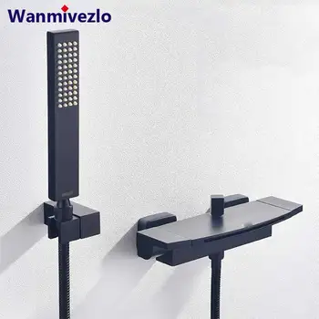 

Matte Black Concealed Bathroom Shower Faucets Waterfall Bathtub Shower Faucet Wall Mounted Mixer Tub Tap Rainfall Handshower