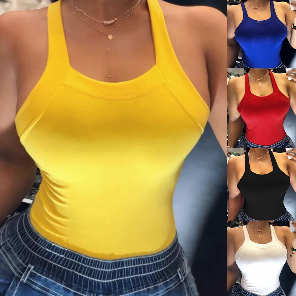 

2020 Brand New Women's Pure Color Vest T Shirt Thin Shoulder Strap Vest for Female Thread Solid Color Elastic Camisole T Shirts