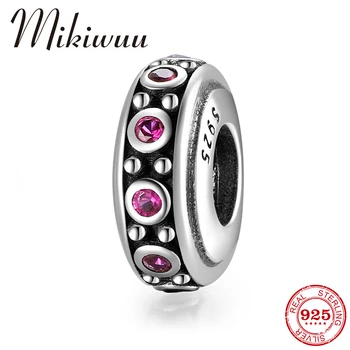 

Mikiwuu Round Spacer Beads 925 Sterling Silver Rose Red Zircon Stopper Charms Jewelry Making fits Original DIY Women Bracelets